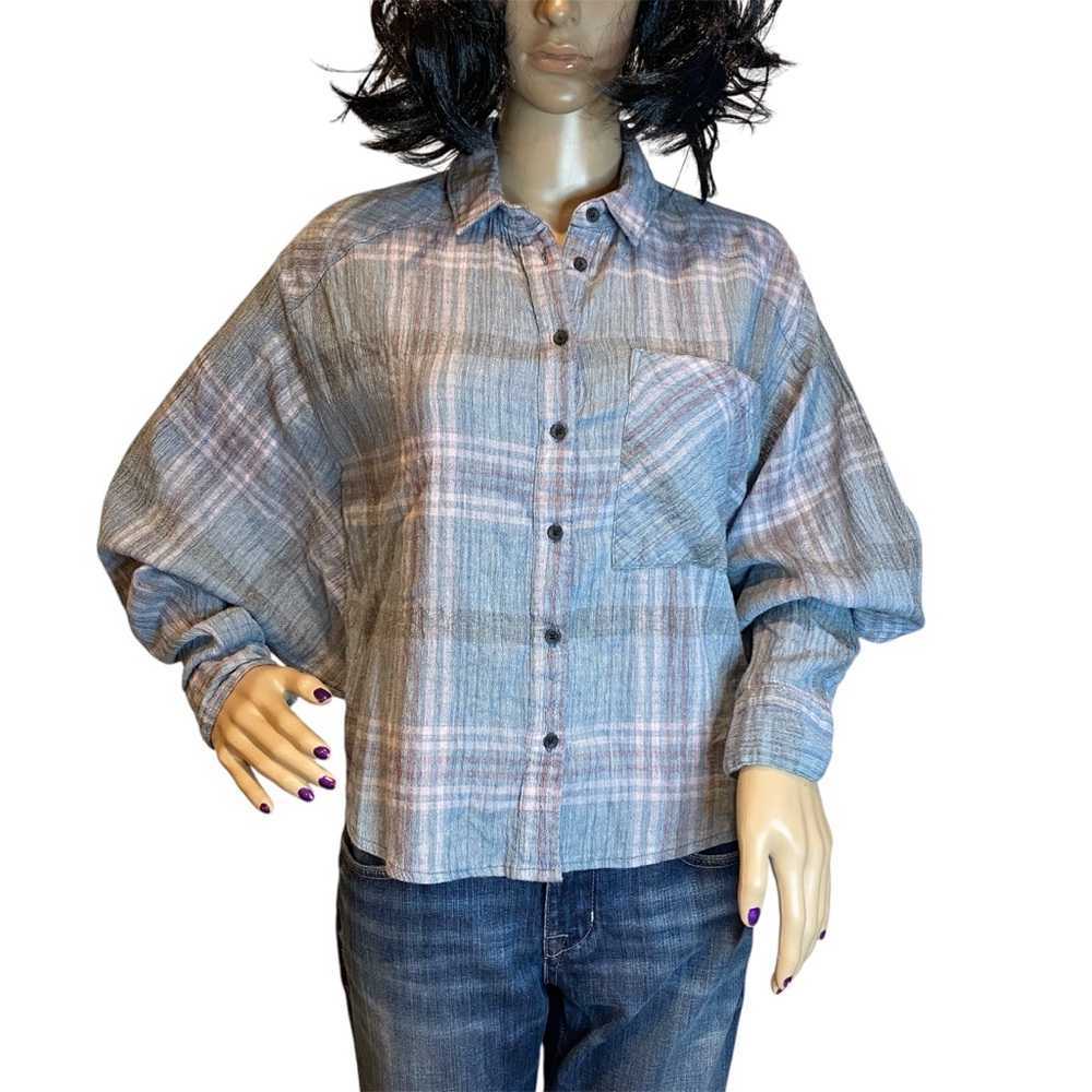 Free People Cutie Plaid Button-Down Shirt Top Dolman Sleeves Size Small VGC